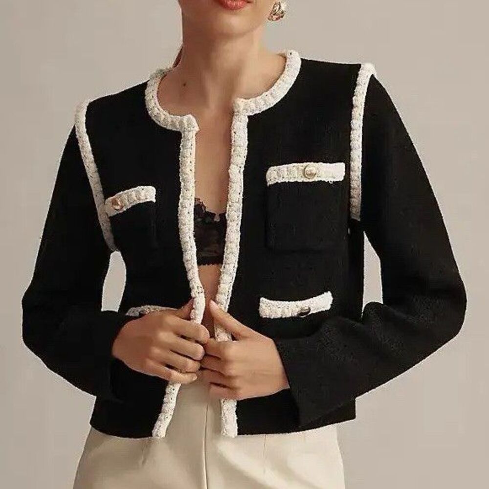 Maeve by Anthropologie Black Knit Cardigan Sweater White Trim Gold Buttons S
